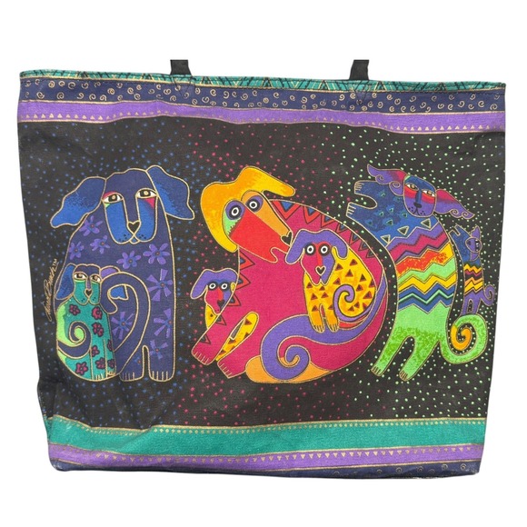Laurel Burch Dogs and Doggies Canvas Bag Large 18" Artsy Travel Book Tote Sack - Picture 2 of 16